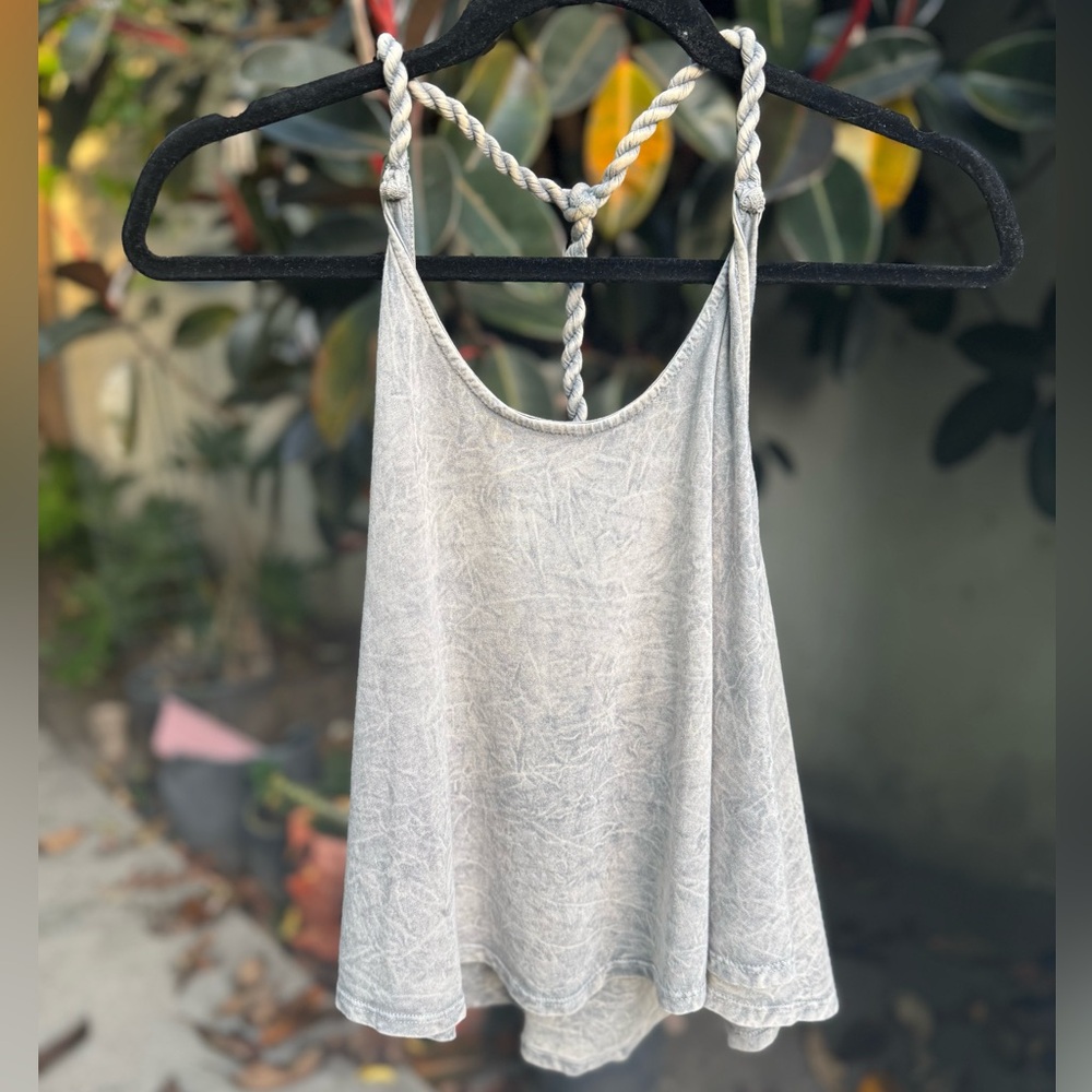 Michelle USA Distressed Grey Flowy Halter Tank Top with a Trapeze Silhouette M